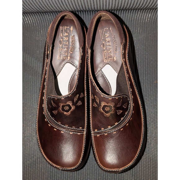 L'artiste Shoes - L'Artiste by Spring Step Burbank Brown Leather Slip On Clogs Floral Comfort 7.5